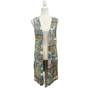 Cato Patchwork Large Paisley Leopard Print Longline Duster Vest Turquoise NWT